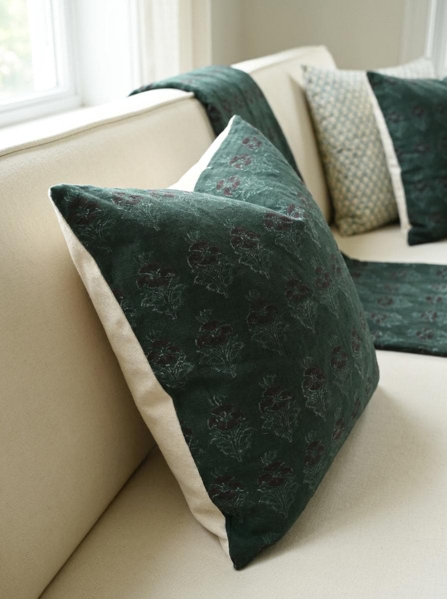 Stack of forest green chintz bud block print pillow covers