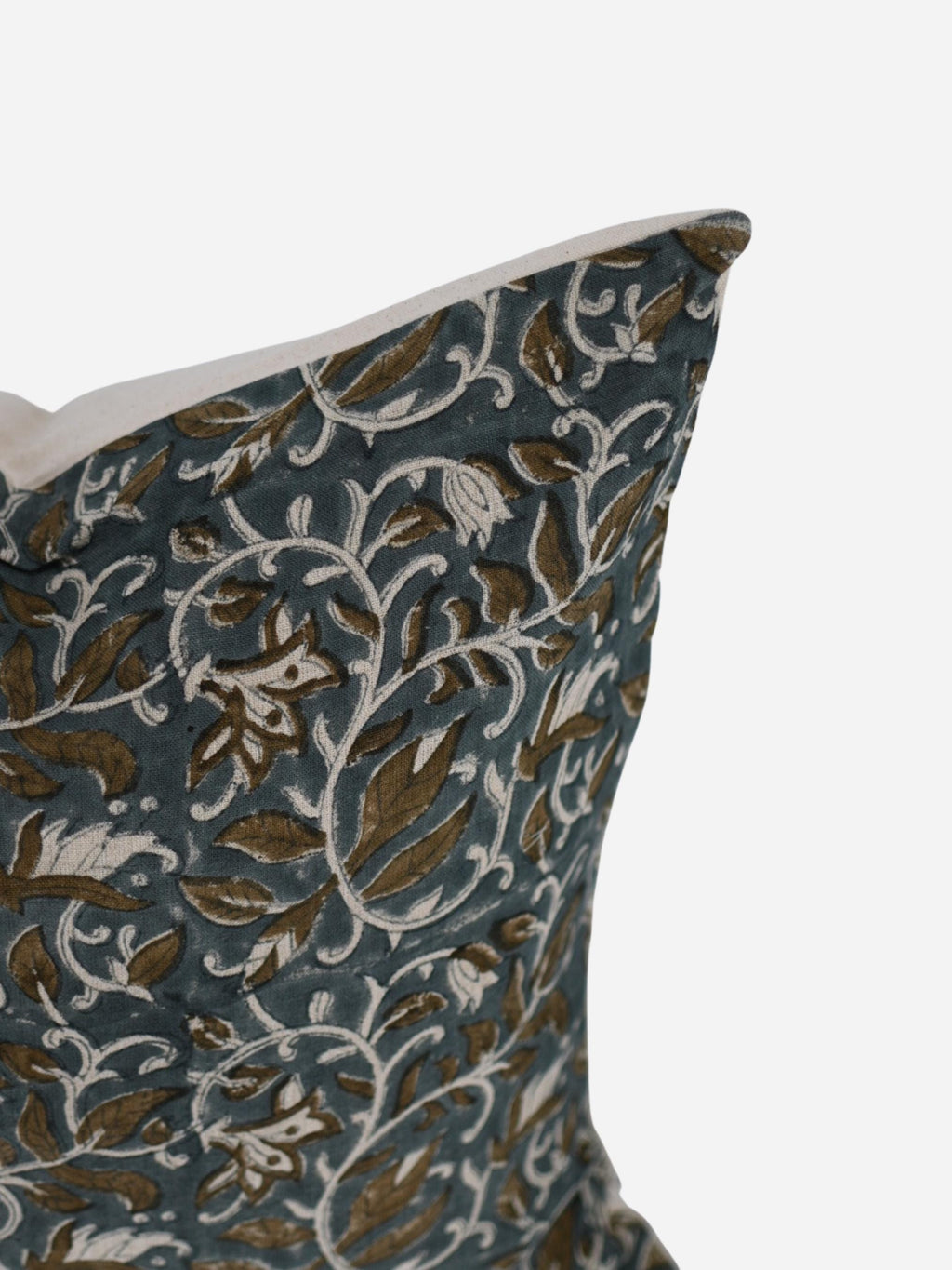 Close-up of the slate blue paisley vine hand block print on linen