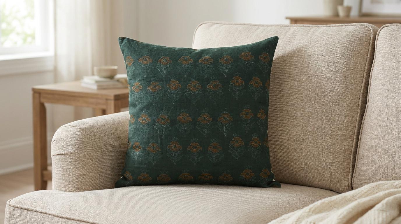 Forest green floral buti pillow cover styled in a bedroom