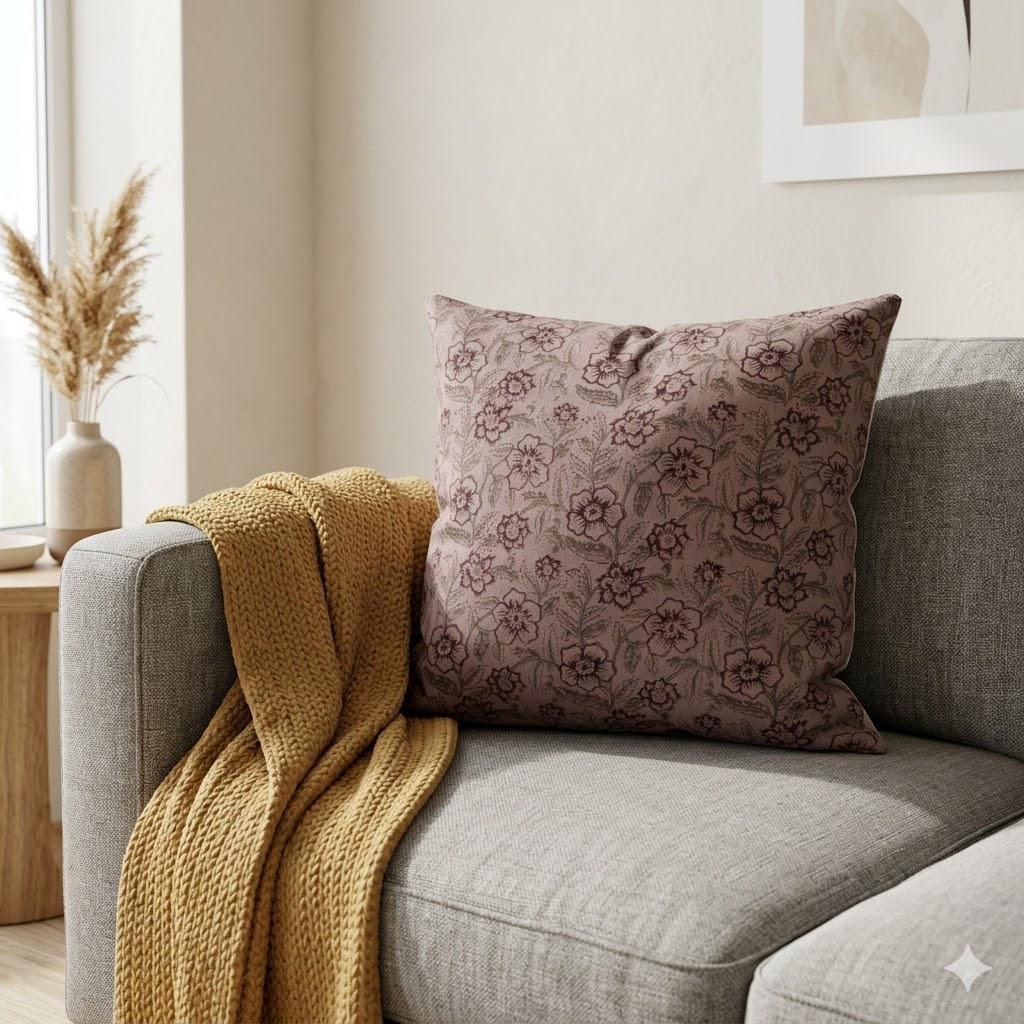 Mauve floral linen pillow cover fabric texture close-up