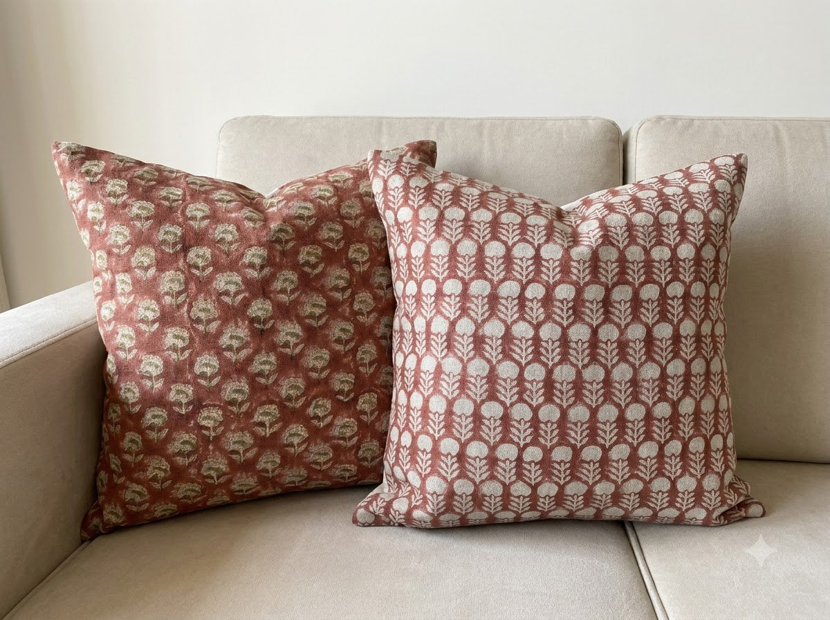 Vivian  Rust Linen Block Print Pillow Cover