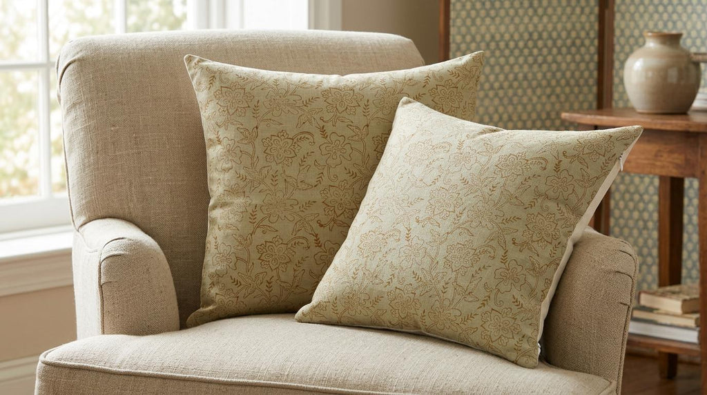 Sage green chintz jaal block print linen pillow cover product photo