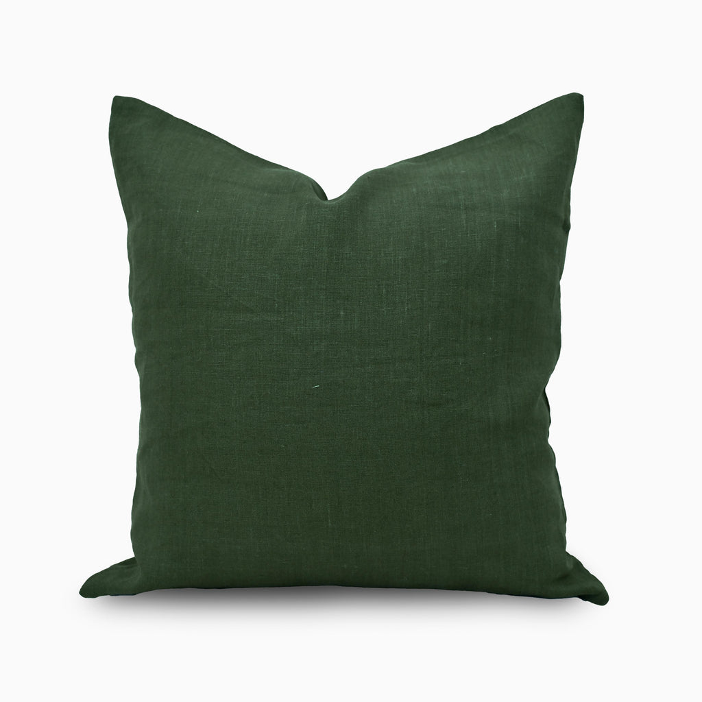 Forest green solid linen pillow cover, front view showing deep green tone