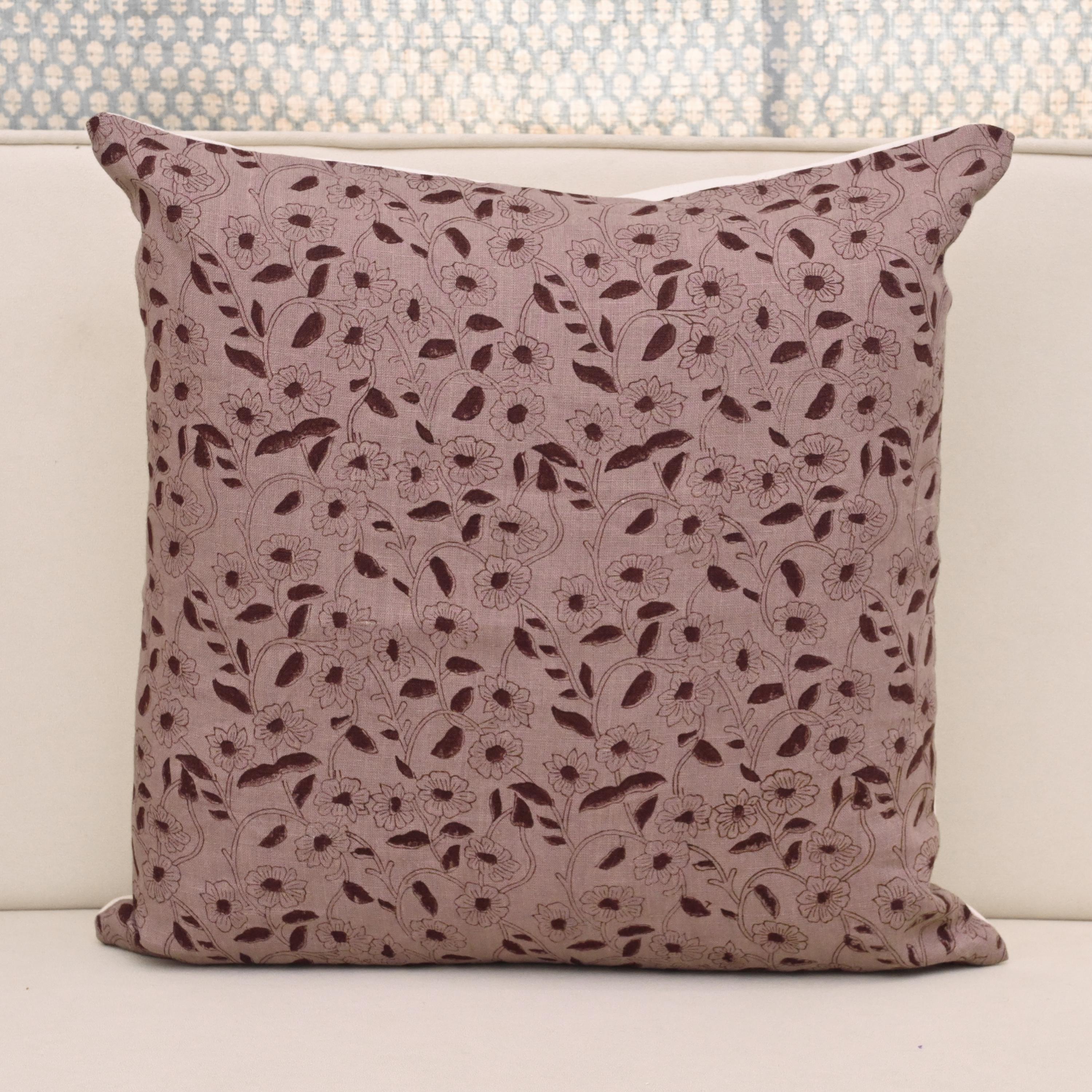 Dusty mauve linen pillow cover with hand block printed wine burgundy ditsy daisy vine, front view