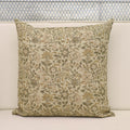 Sage green and rust brown jaal hand block print linen pillow cover on natural background