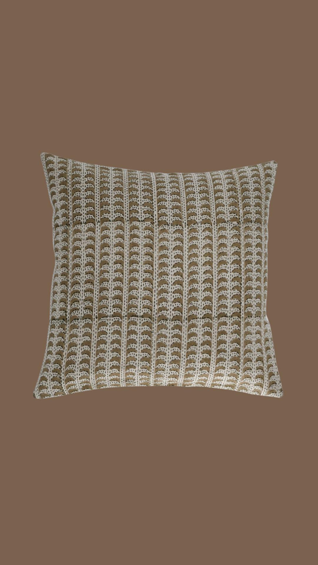 Close-up of the tan scalloped stripe hand block print on linen