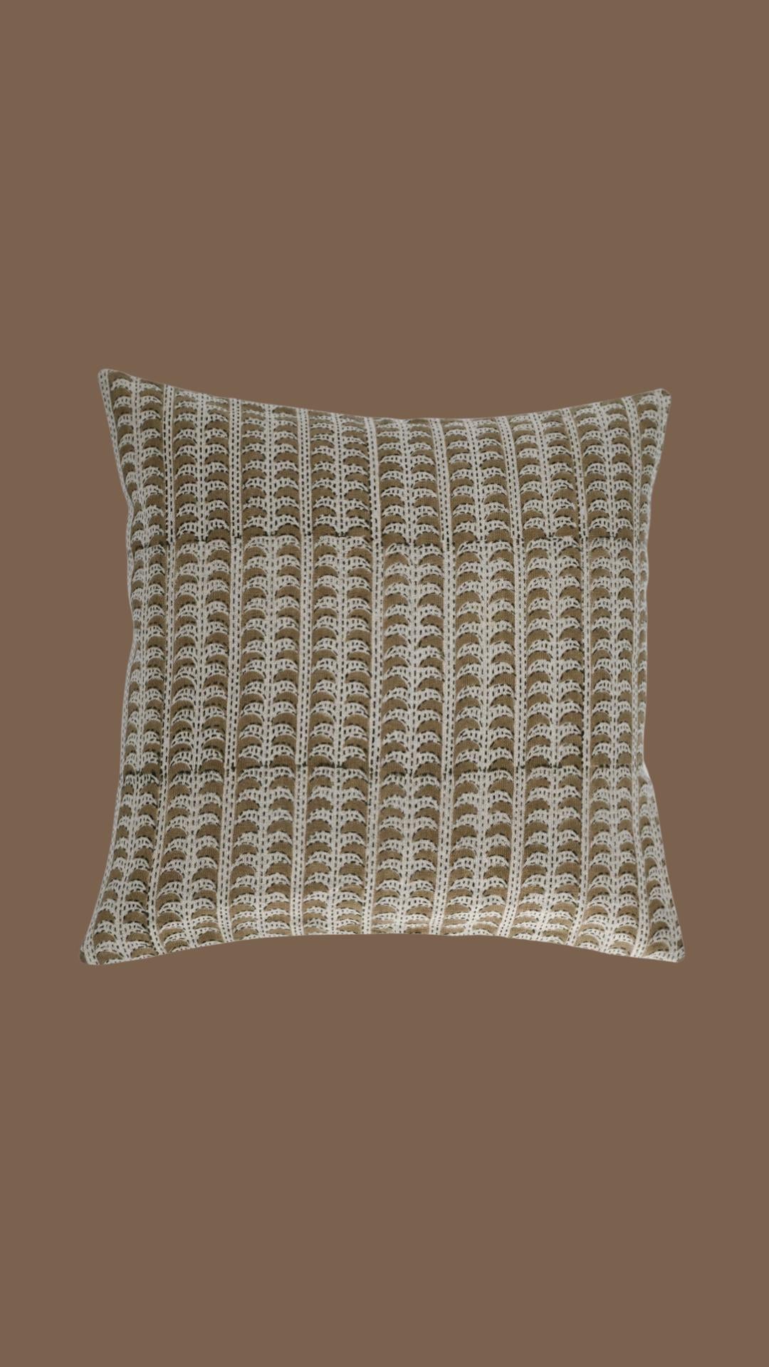 Close-up of the tan scalloped stripe hand block print on linen