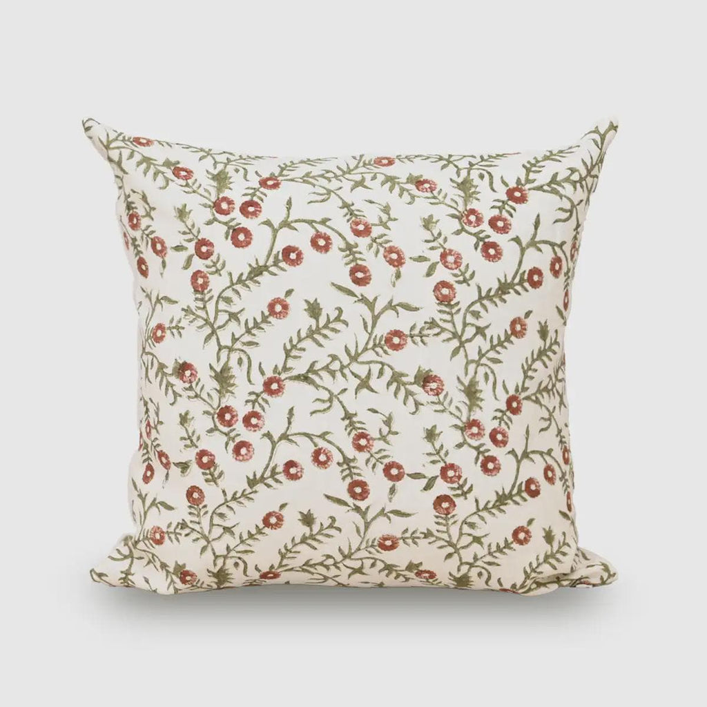 Terracotta floral bud hand block print linen cushion cover, front view