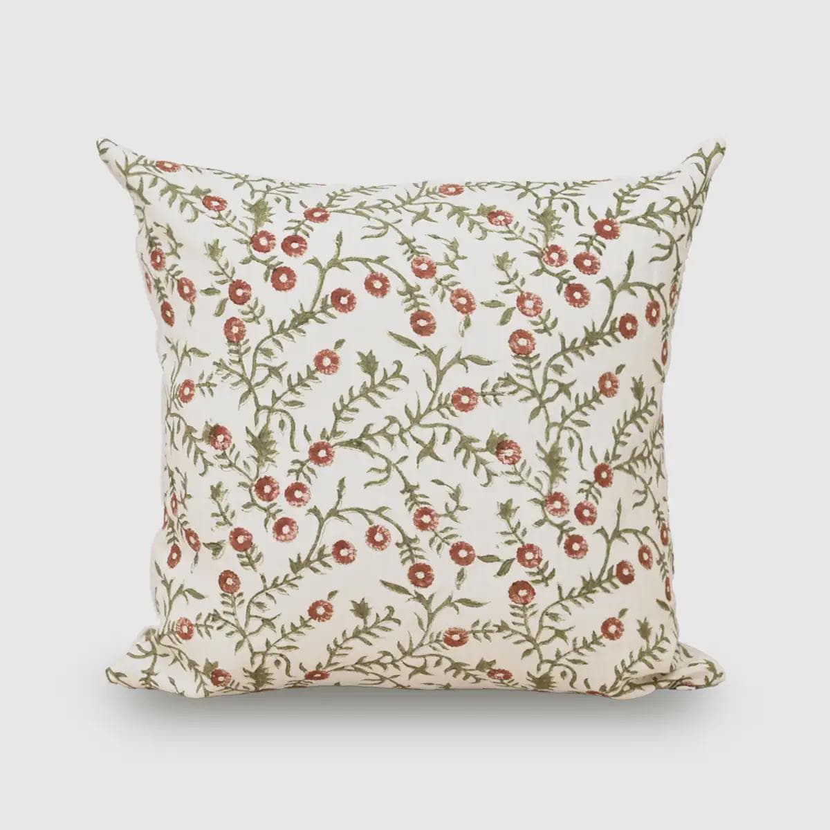Terracotta floral bud hand block print linen cushion cover, front view