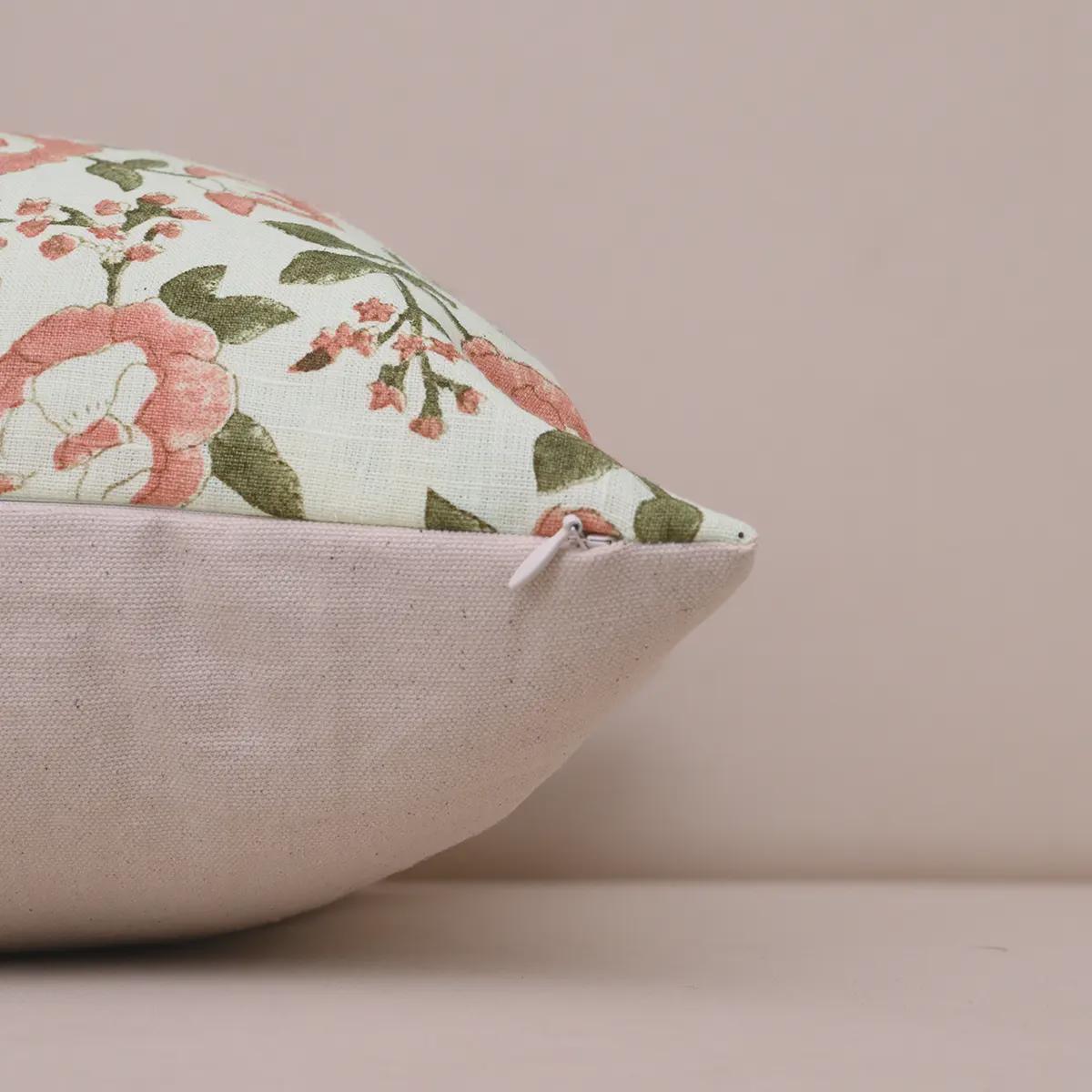 Blush pink floral linen cushion cover corner and zipper detail