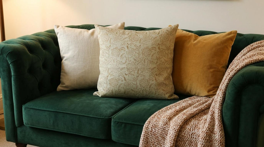 Sage green chintz jaal pillow cover styled in a living room