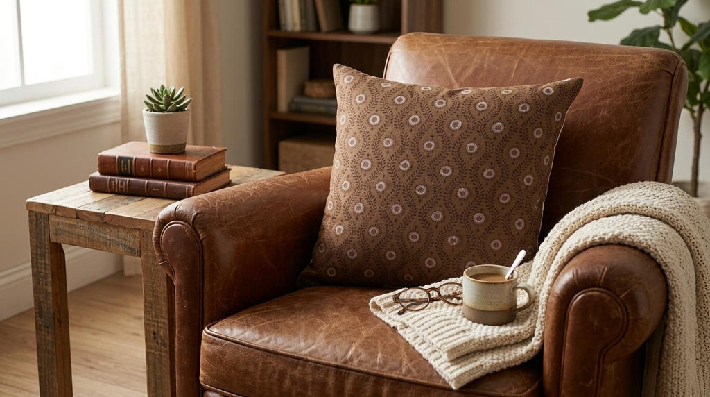 Close-up of vine and medallion block print pattern on brown linen