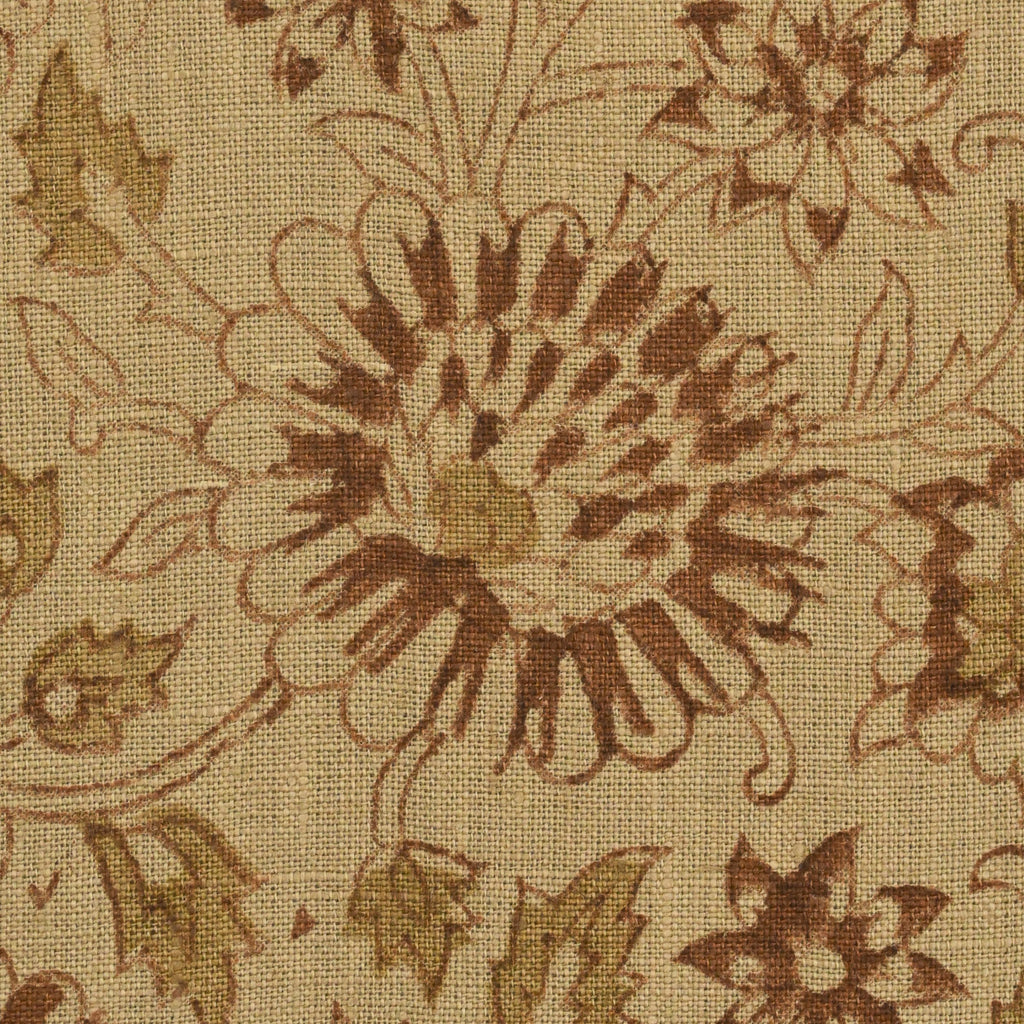 Close-up of the Jaipuri chrysanthemum block print detail on camel linen