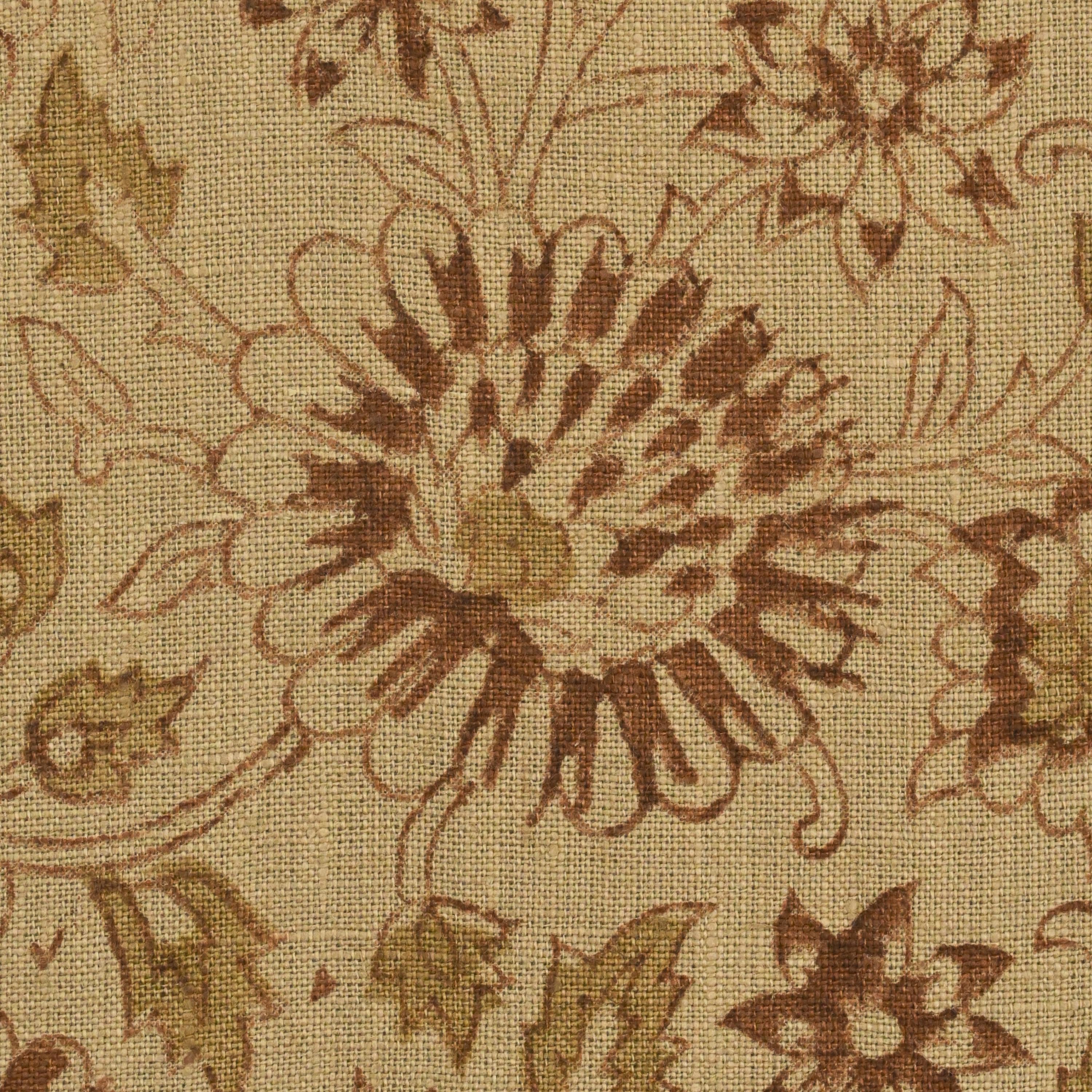 Close-up of the Jaipuri chrysanthemum block print detail on camel linen