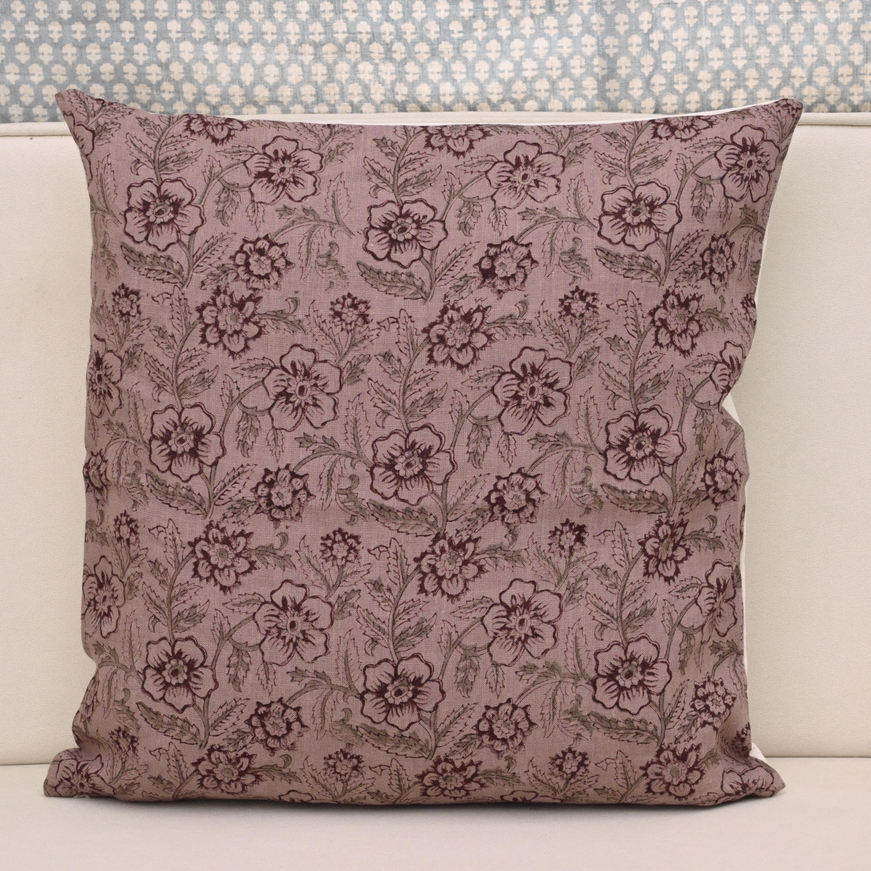 Plum wine floral hand block print linen throw pillow cover on dusty mauve background