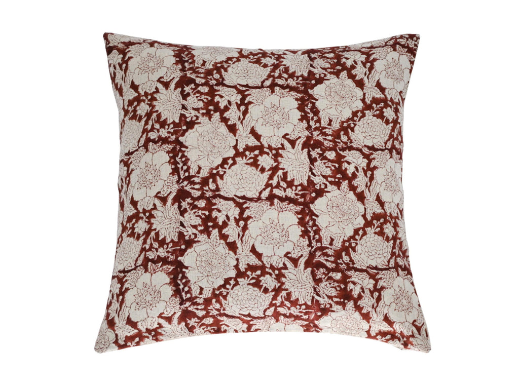 Rust floral trellis hand block print linen pillow cover, front view
