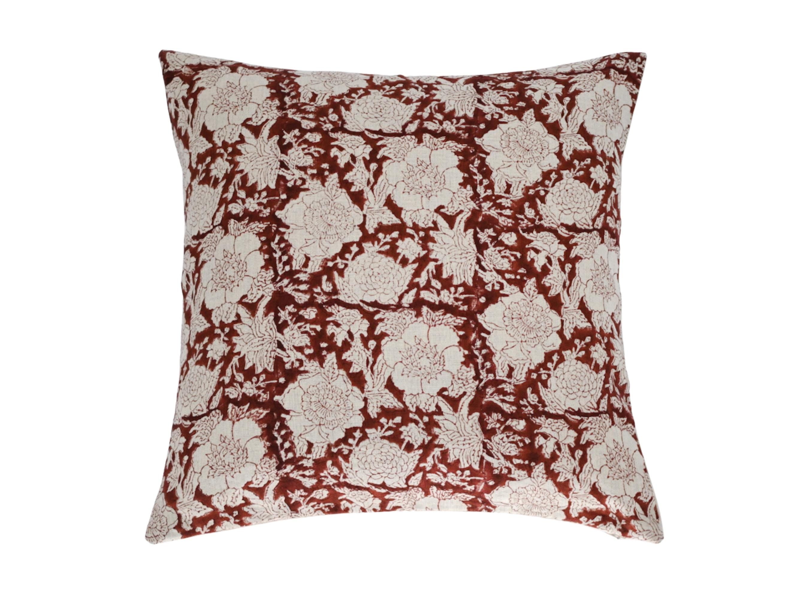 Rust floral trellis hand block print linen pillow cover, front view