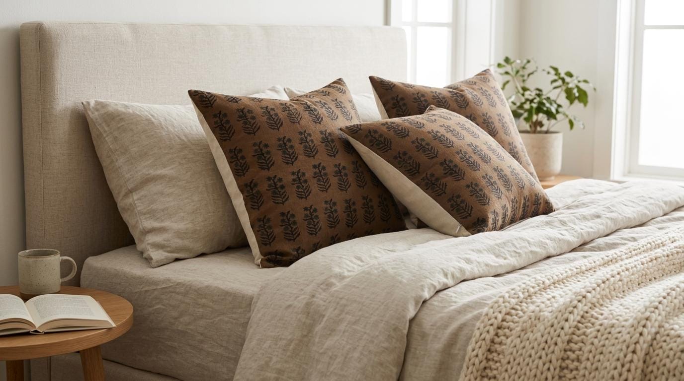 Vintage floral booti block print linen pillow covers styled on a bed