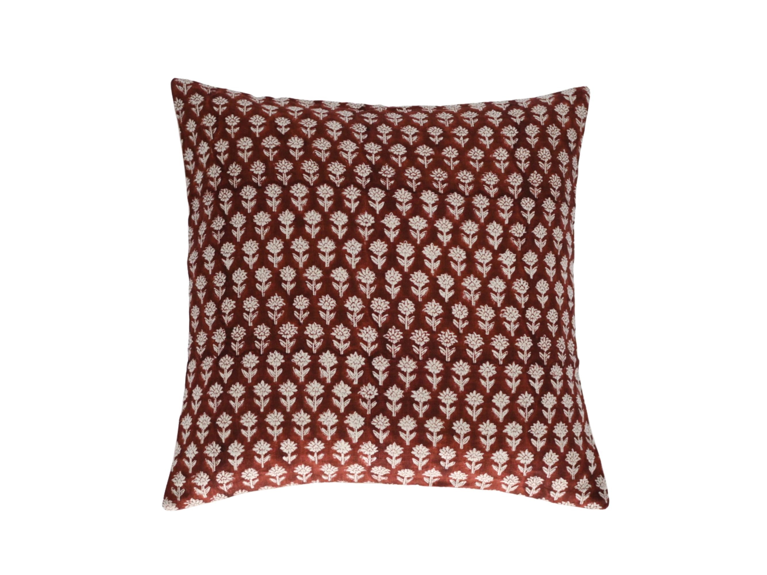 Rust brick red ditsy floral hand block print linen pillow cover, front view