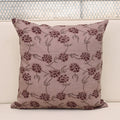 Dusty mauve linen pillow cover with hand block printed burgundy carnation vine, front view