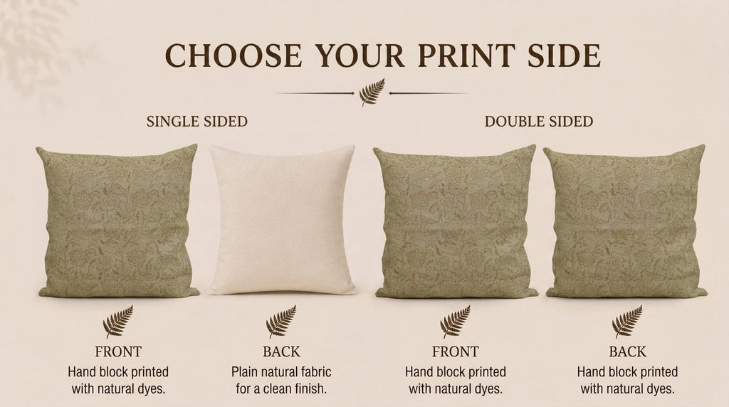 Stack of sage green chintz jaal block print pillow covers