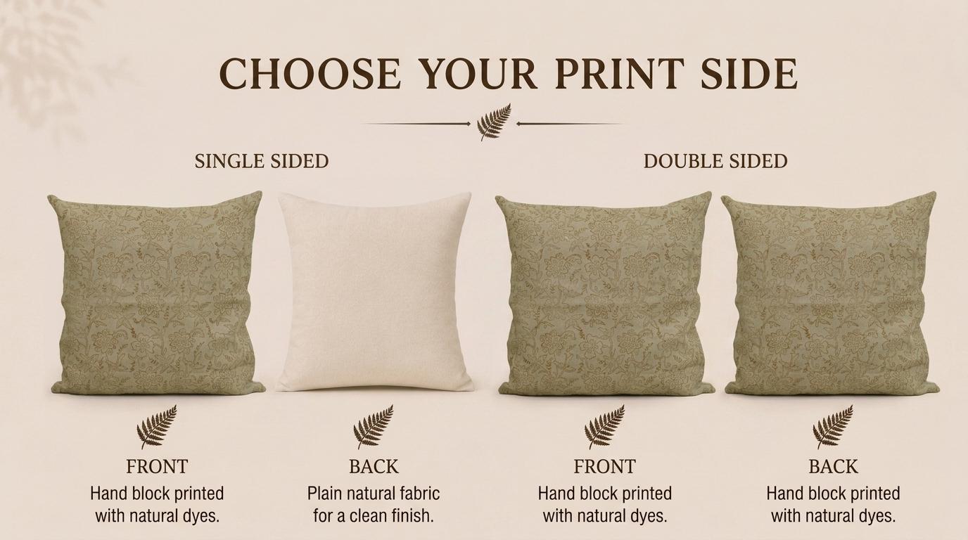 Stack of sage green chintz jaal block print pillow covers