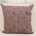 Dusty mauve linen pillow cover with hand block printed wild rose vine in charcoal and khaki gold, front view