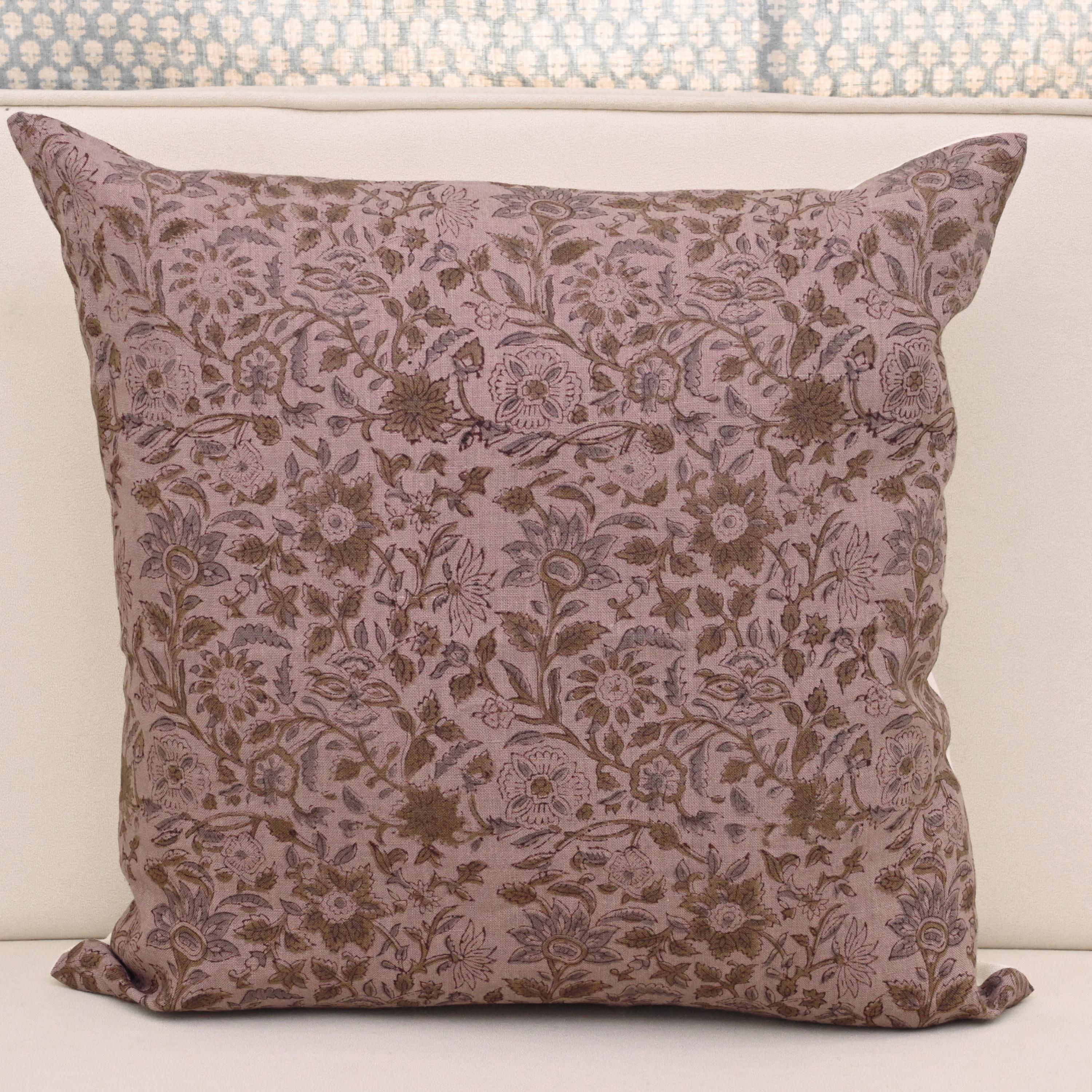 Dusty mauve linen pillow cover with hand block printed wild rose vine in charcoal and khaki gold, front view