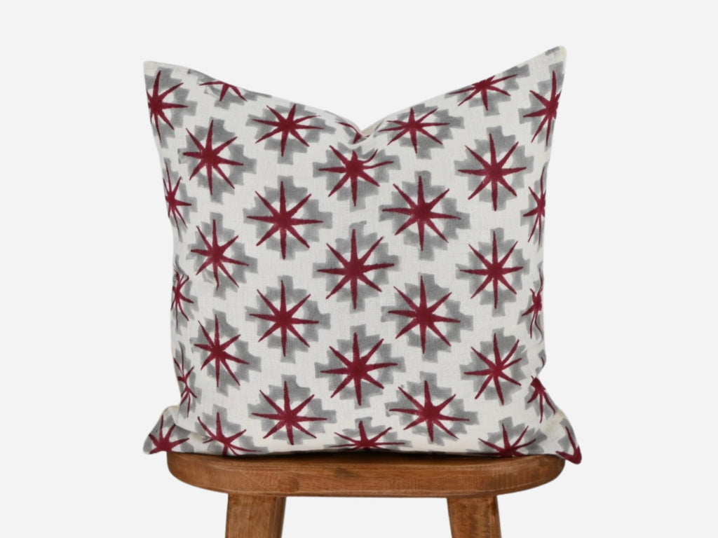 Burgundy star medallion hand block print linen pillow cover, front view
