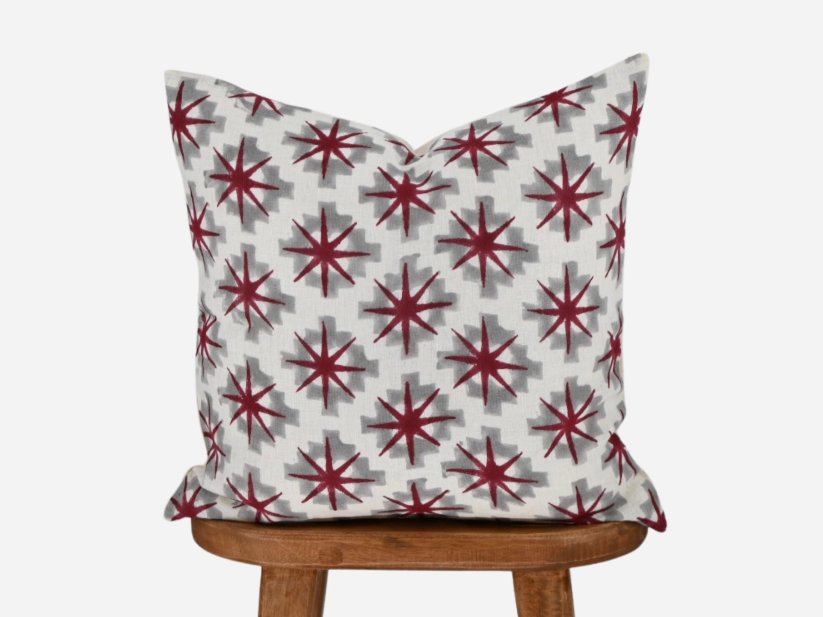 Burgundy star medallion hand block print linen pillow cover, front view