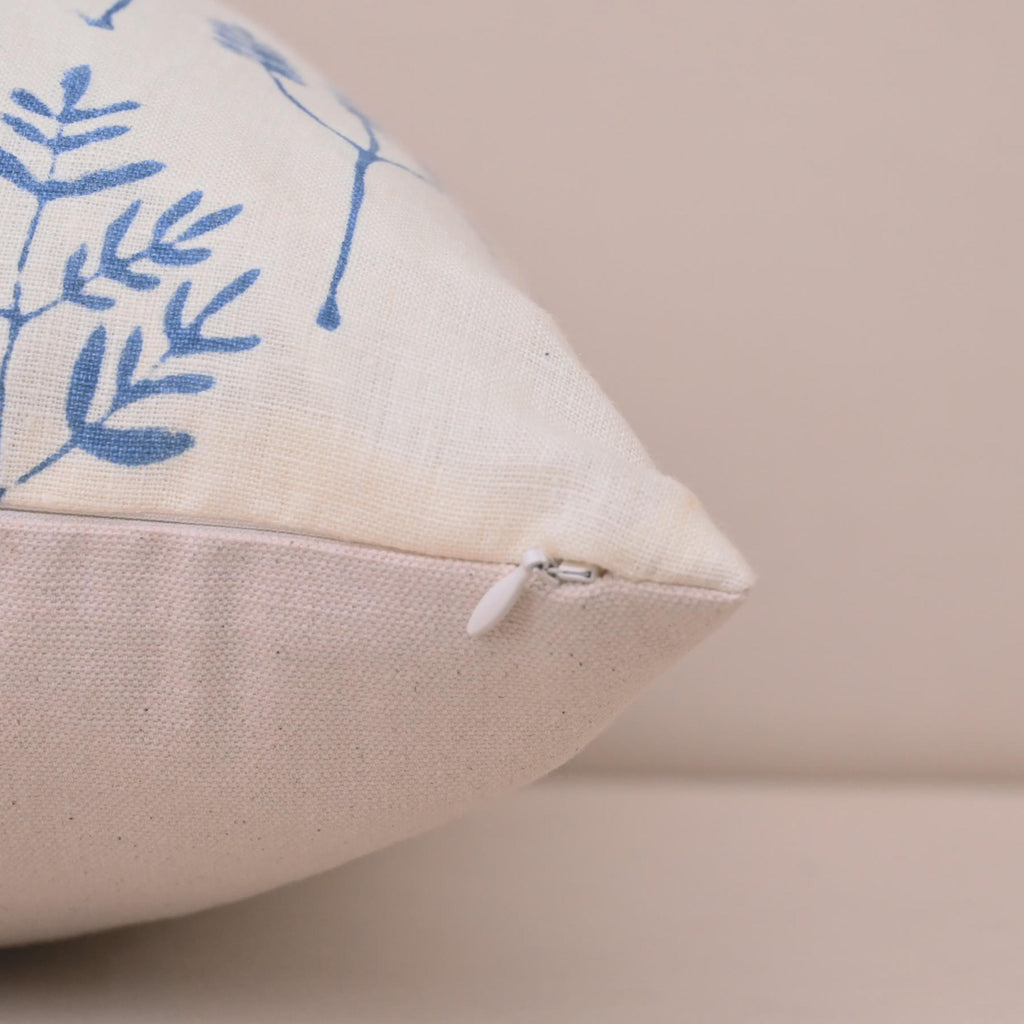 Blue botanical linen pillow cover fabric texture close-up