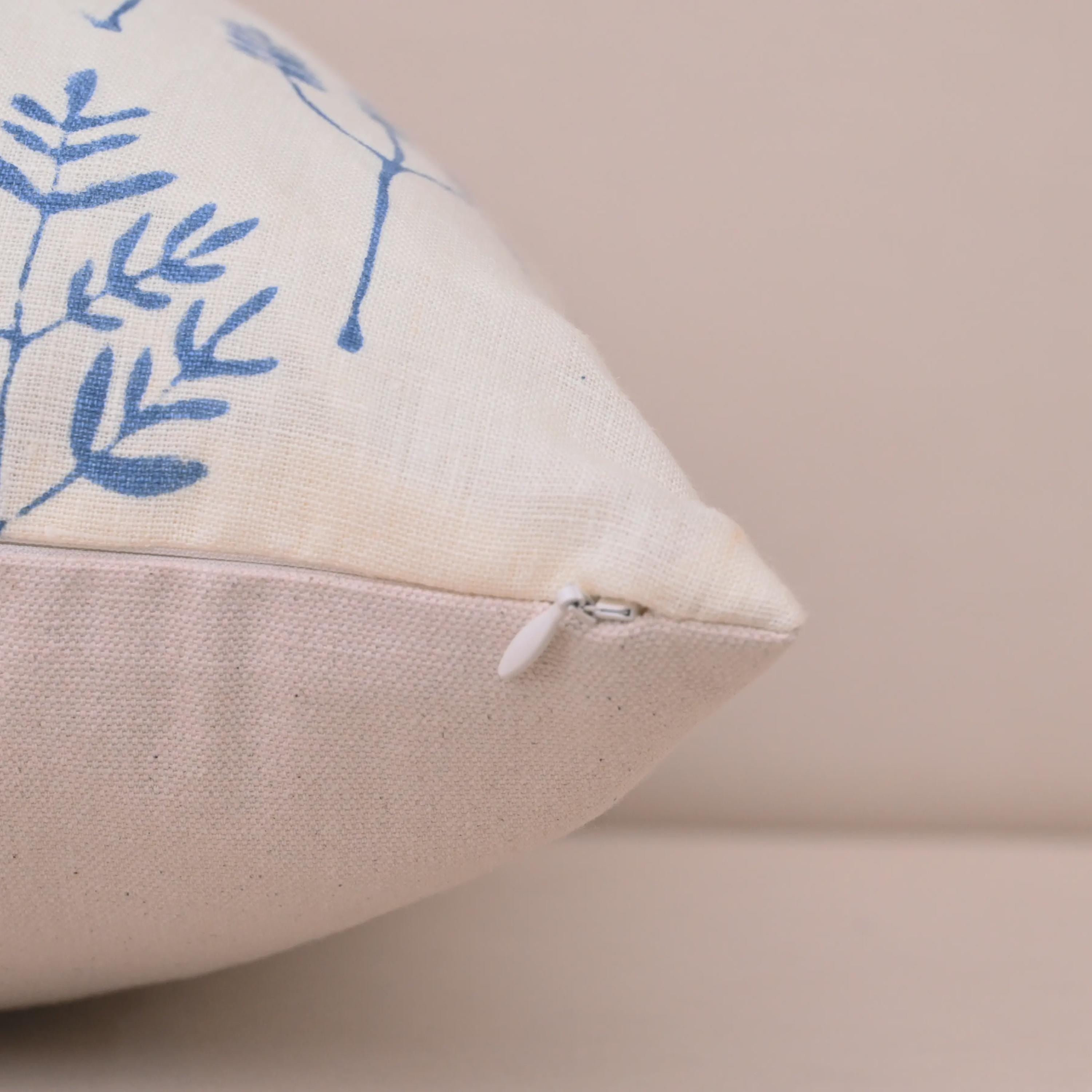 Blue botanical linen pillow cover fabric texture close-up