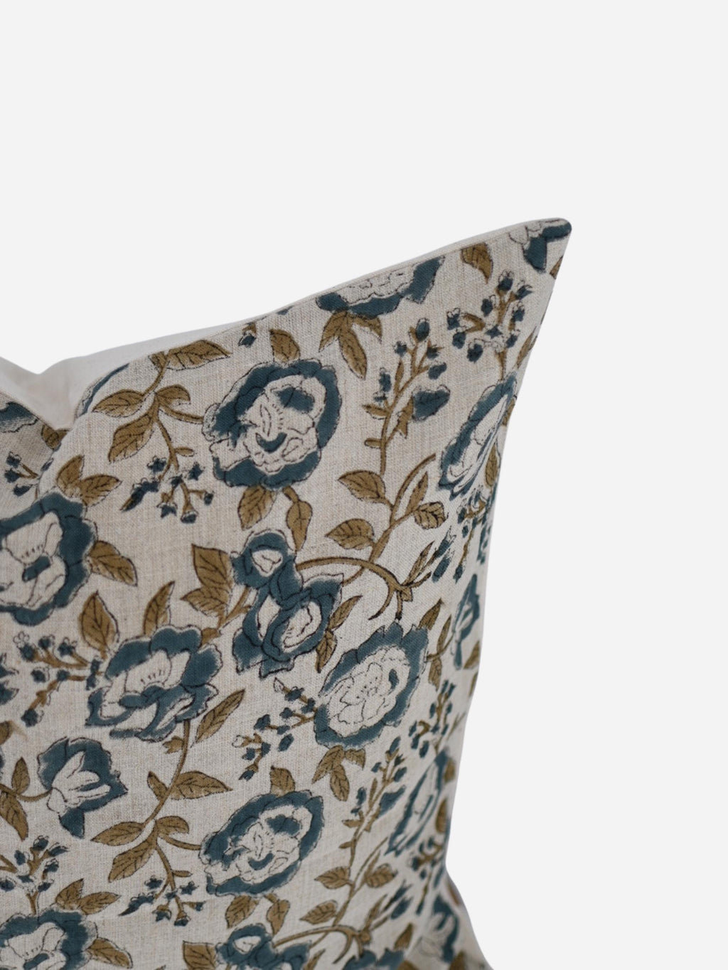 Close-up of the slate blue rose floral hand block print on natural linen
