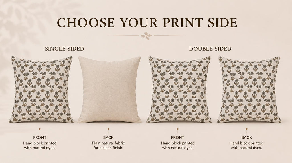 Coral floral hand block print linen pillow cover on a bed