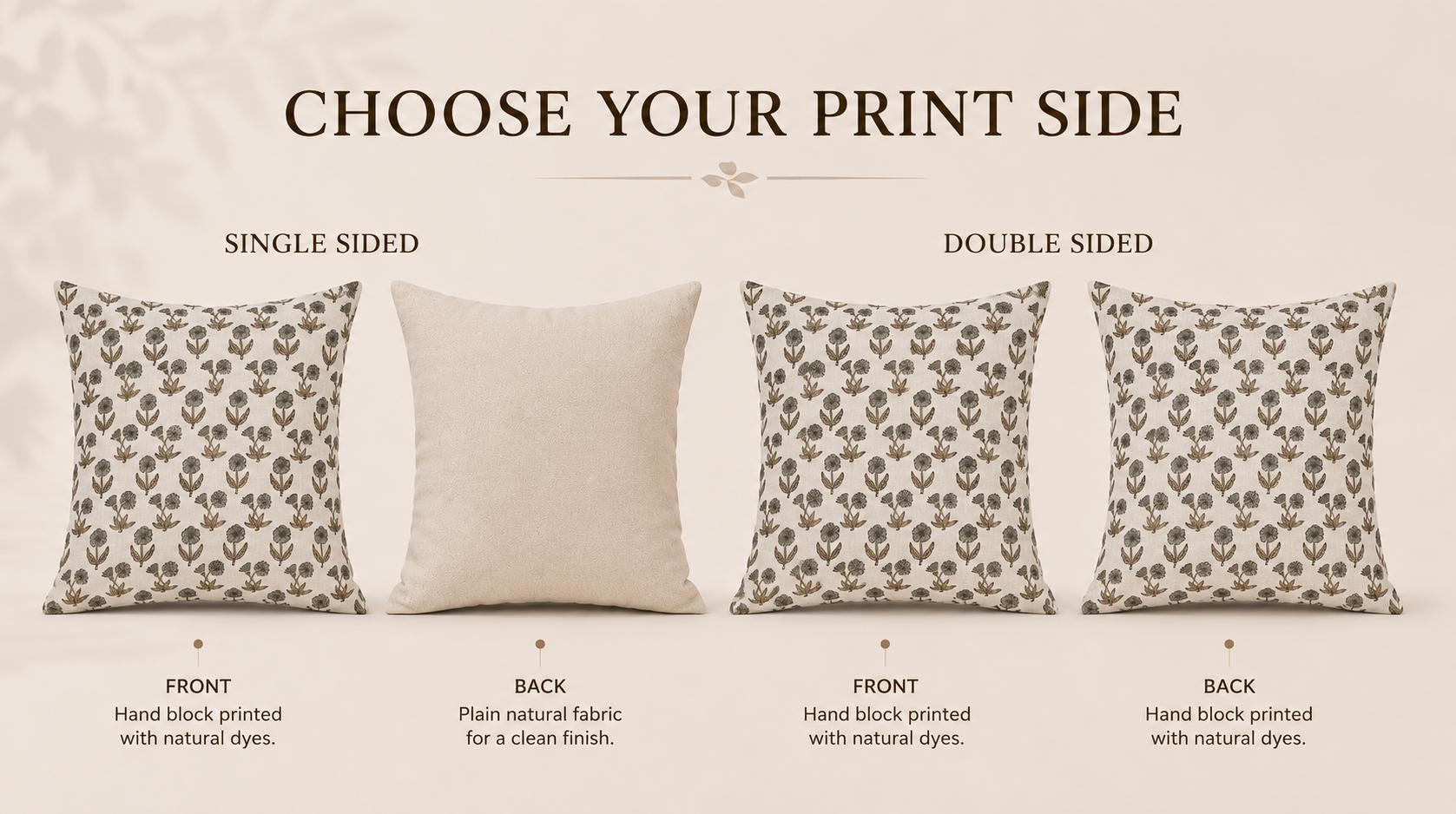 Coral floral hand block print linen pillow cover on a bed