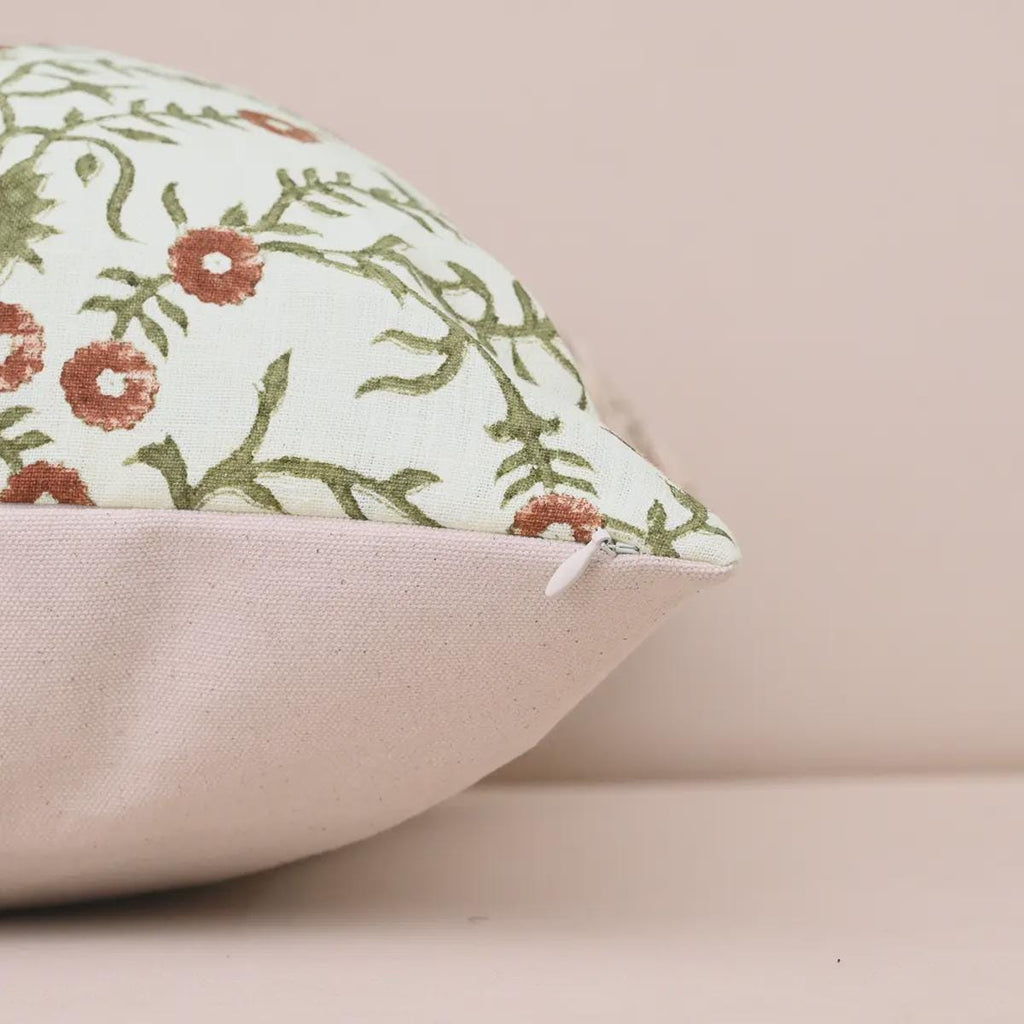 Terracotta floral linen cushion cover corner and zipper detail