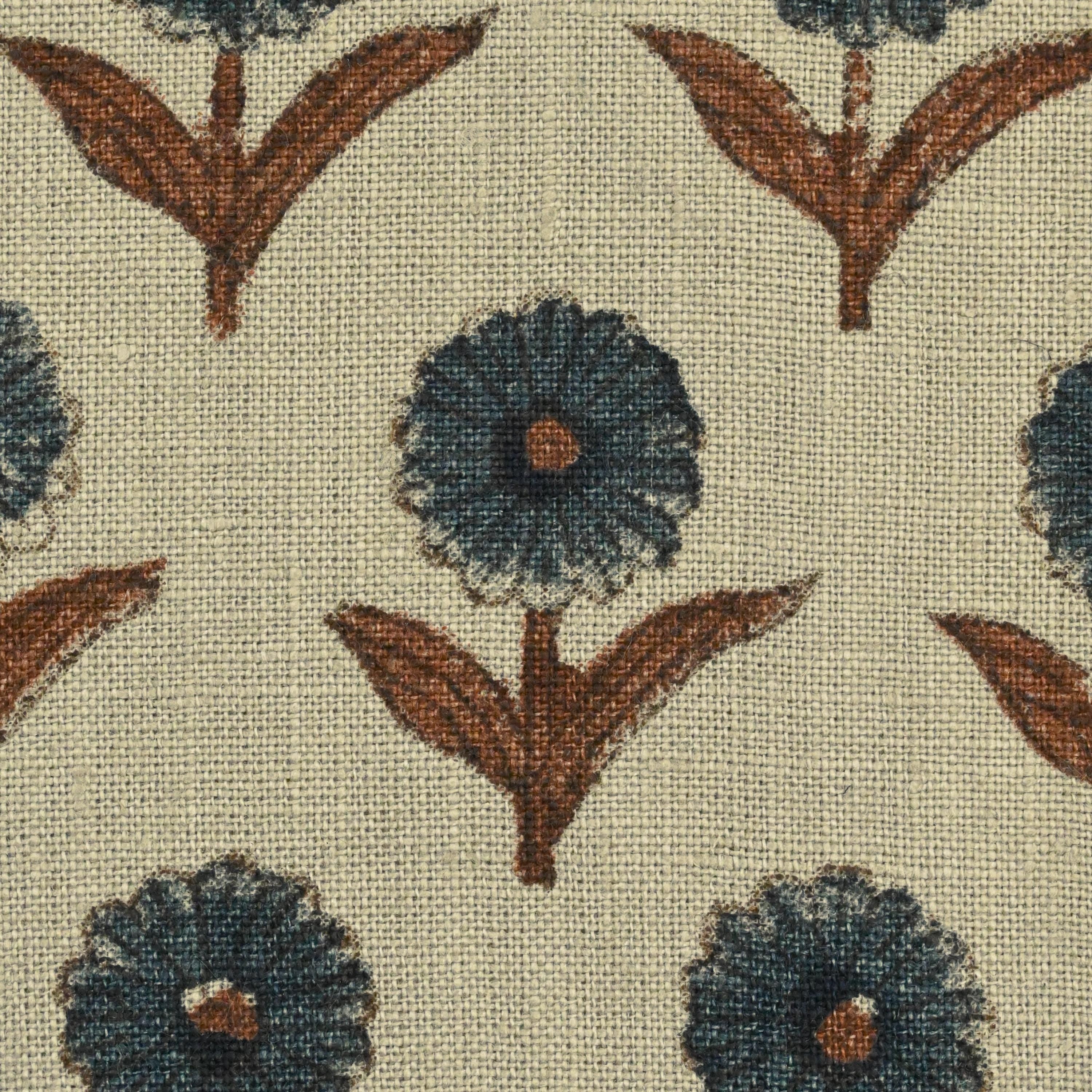 Hidden zipper and corner detail of navy floral linen pillow cover