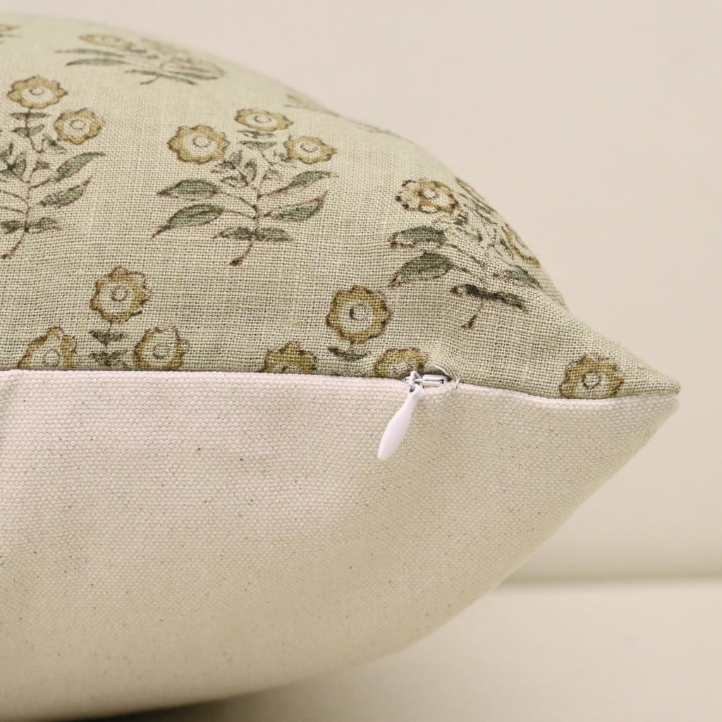 Golden floral linen pillow cover fabric texture close-up