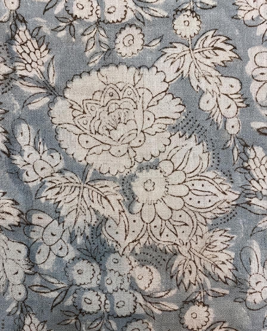 Blue-gray block print linen cushion cover, back view
