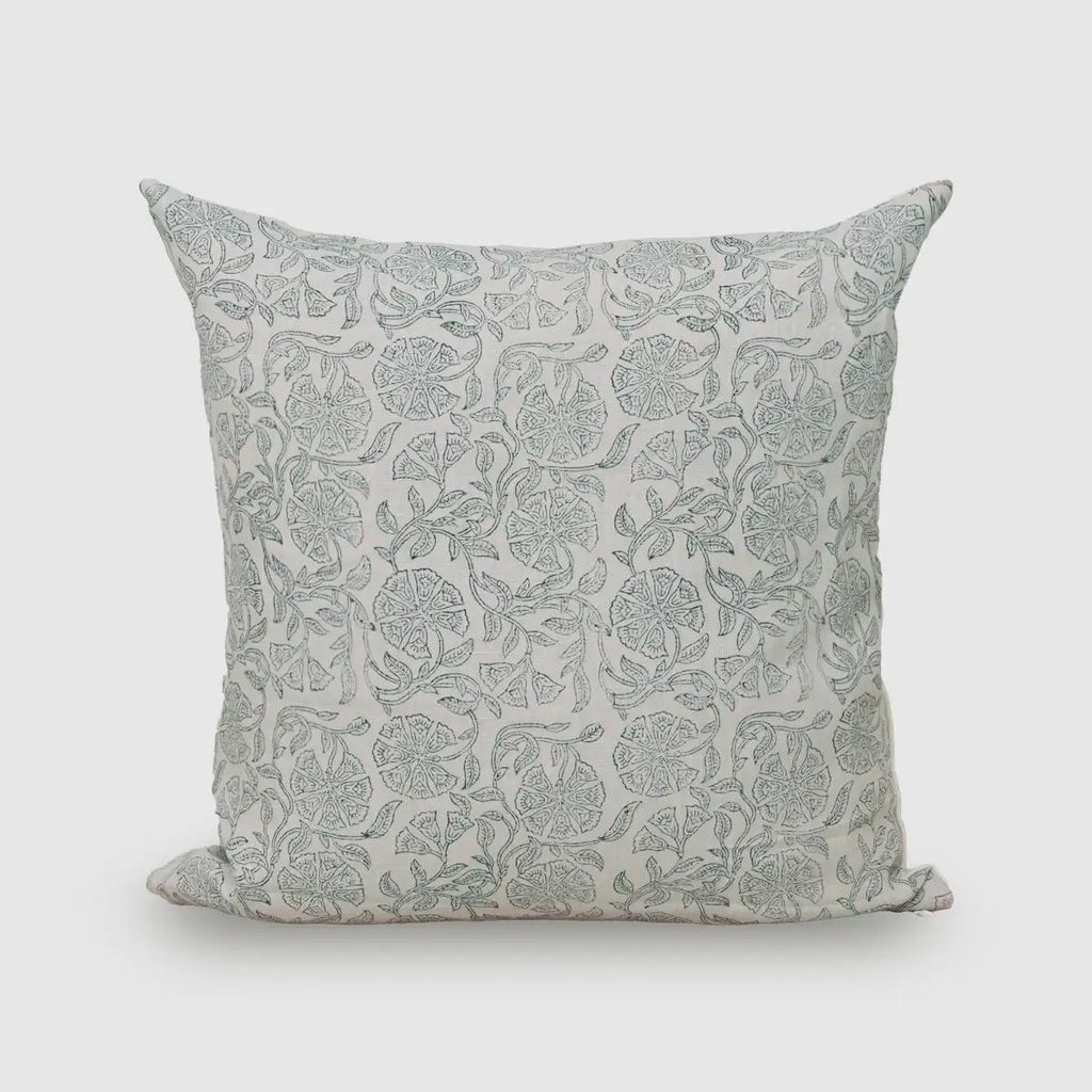 Ashen grey floral hand block print linen pillow cover on cream background
