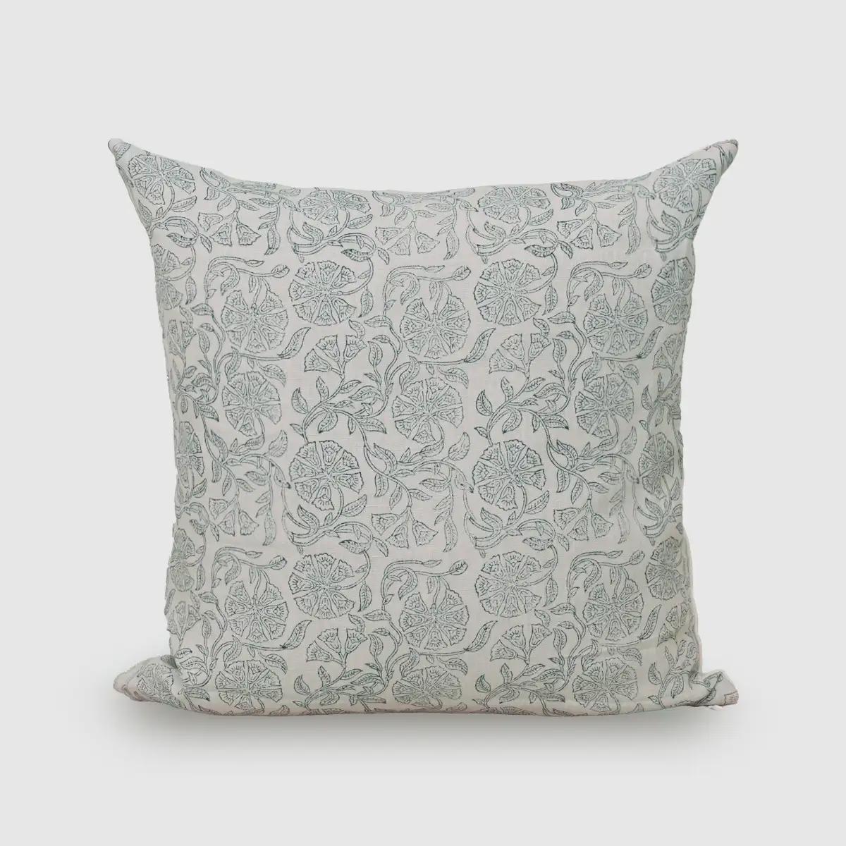 Ashen grey floral hand block print linen pillow cover on cream background