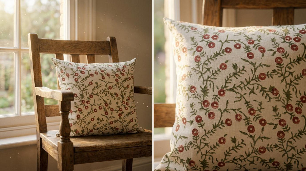 Terracotta floral block print linen cushion cover, back view