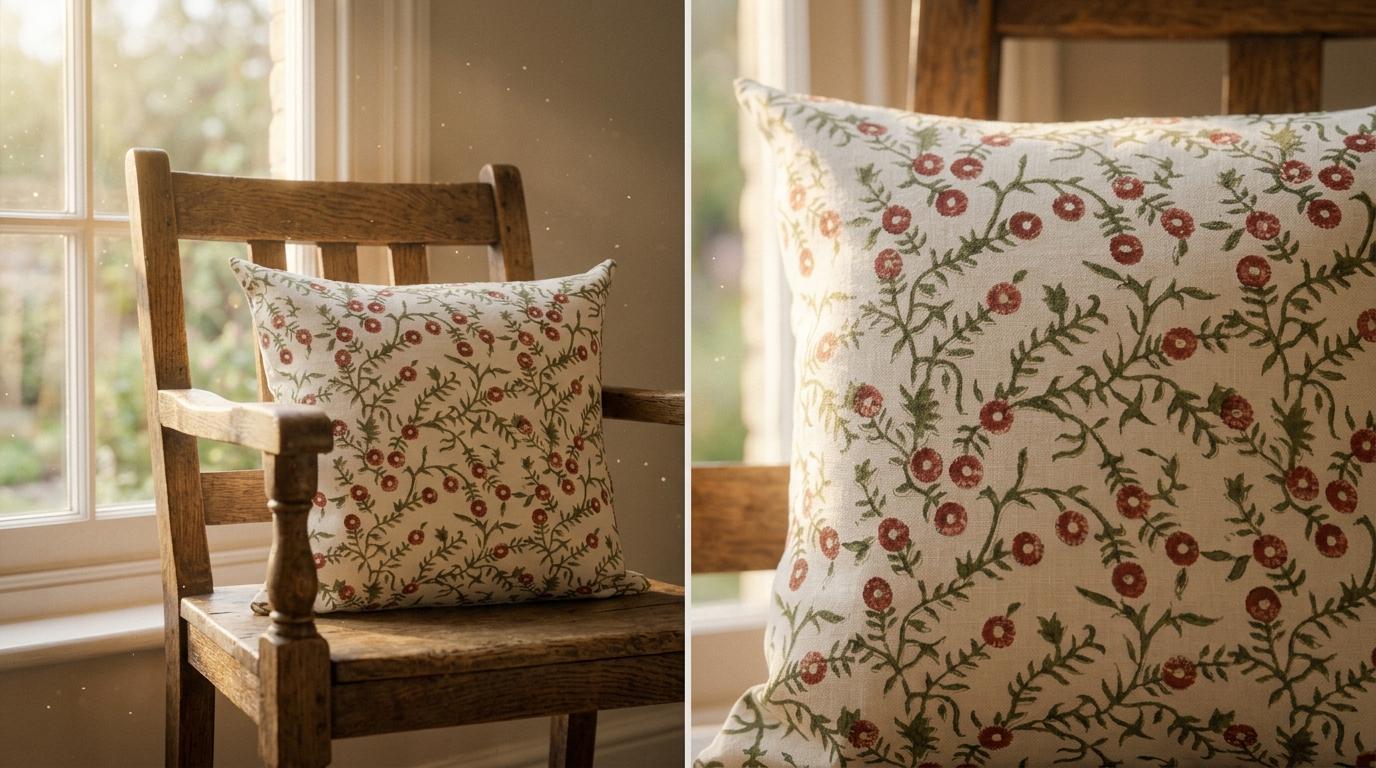 Terracotta floral block print linen cushion cover, back view