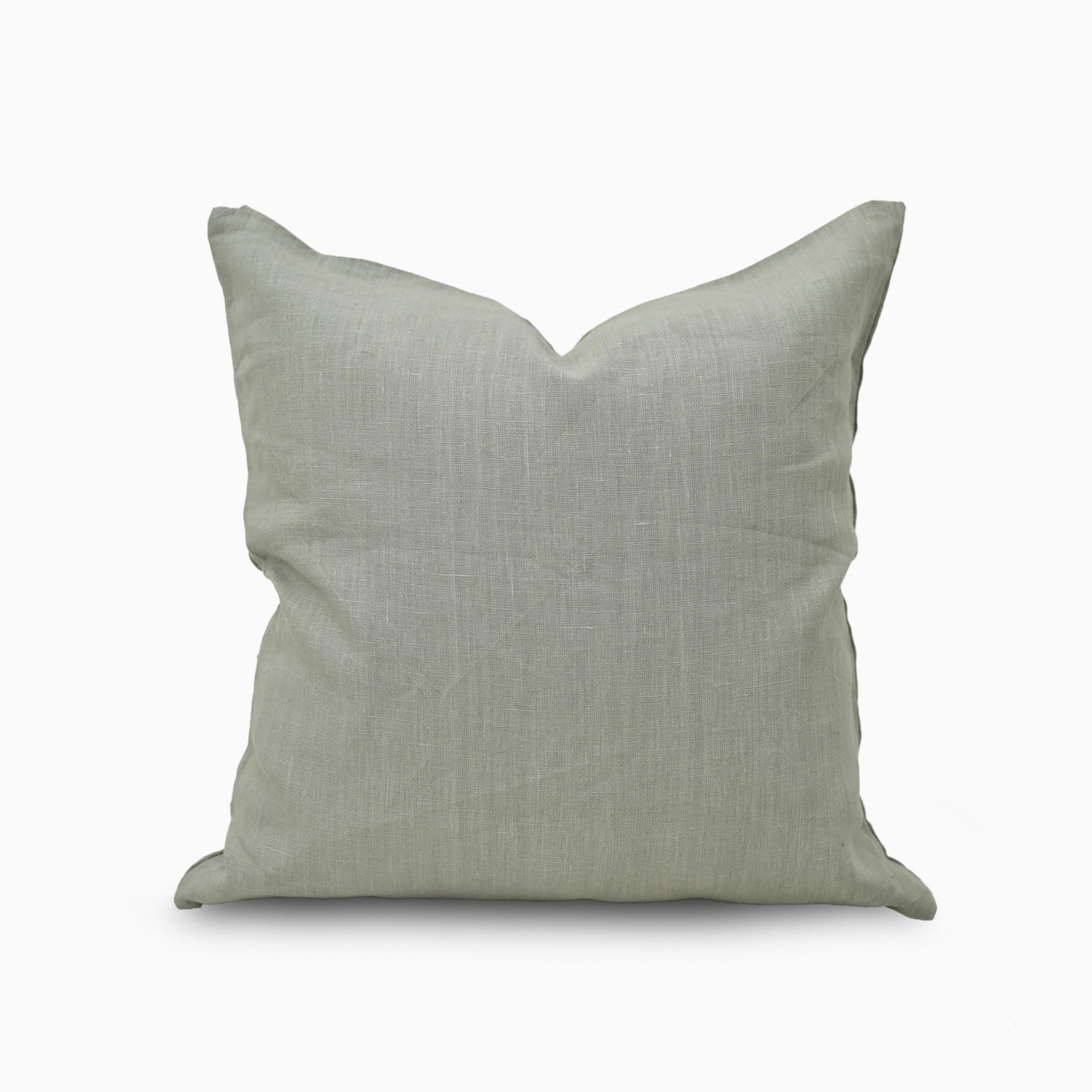 Sage green solid linen pillow cover, front view on white background