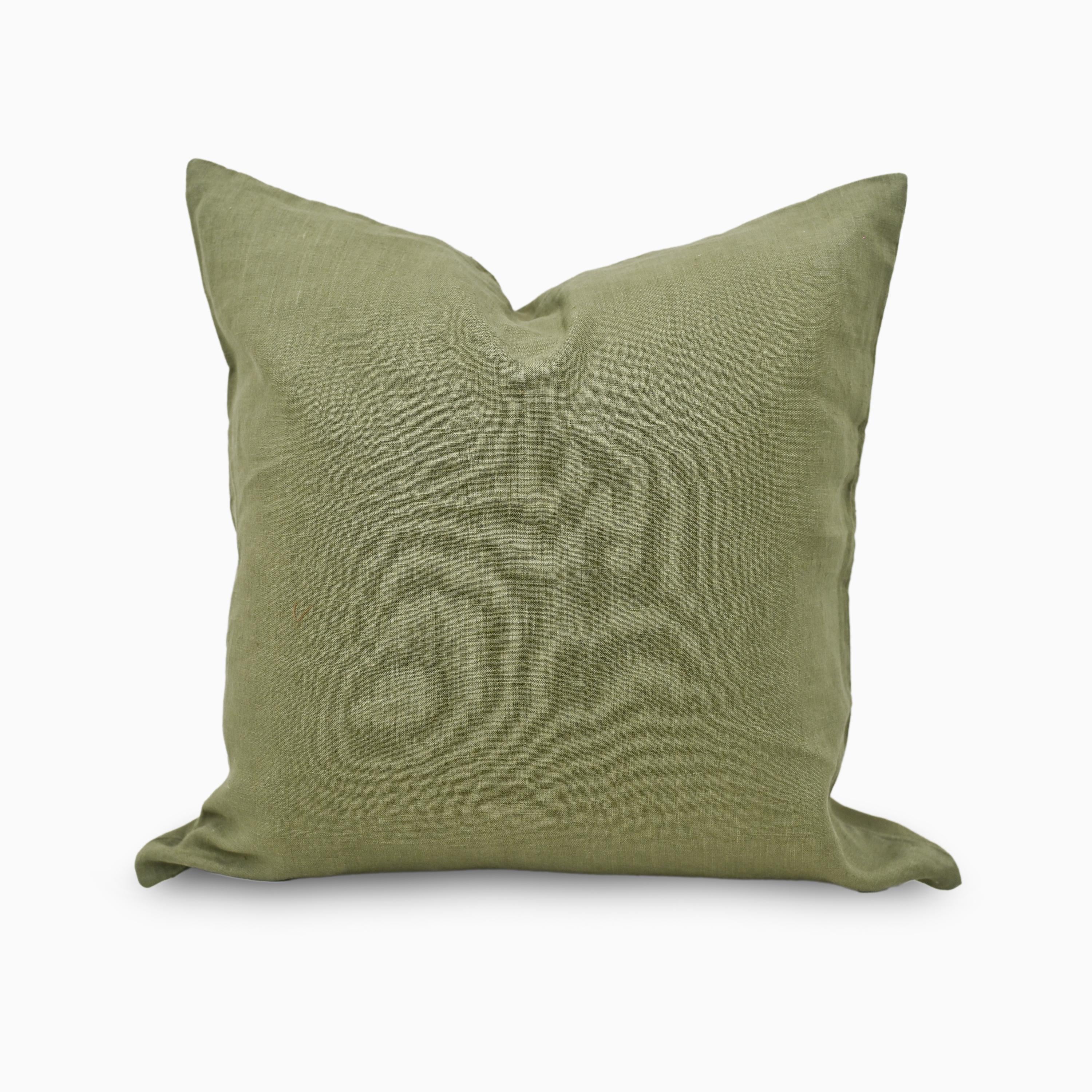 Light olive solid linen pillow cover, front view on white background