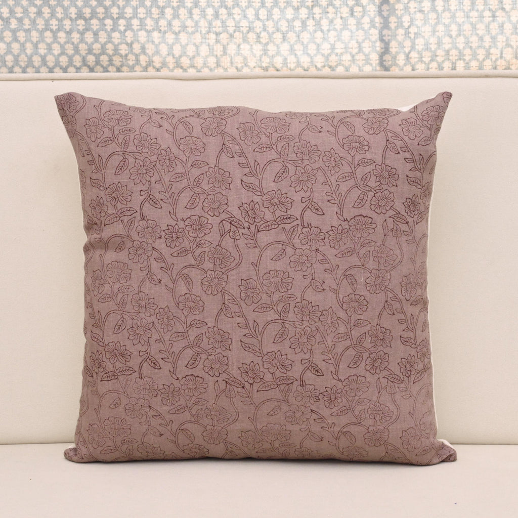 Dusty mauve linen pillow cover with a fine wine ditsy floral vine hand block print, front view