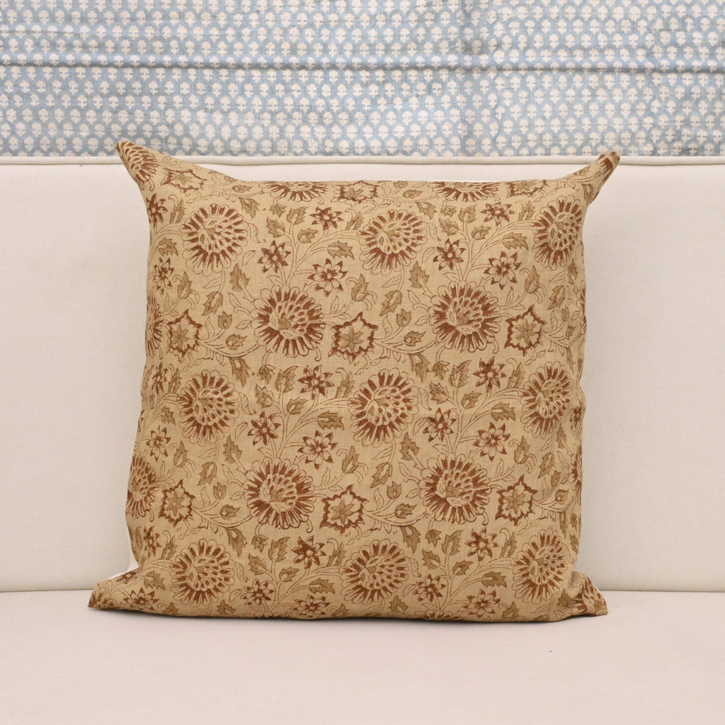 Camel linen pillow cover with hand block printed Jaipuri chrysanthemum vine in chestnut brown, front view