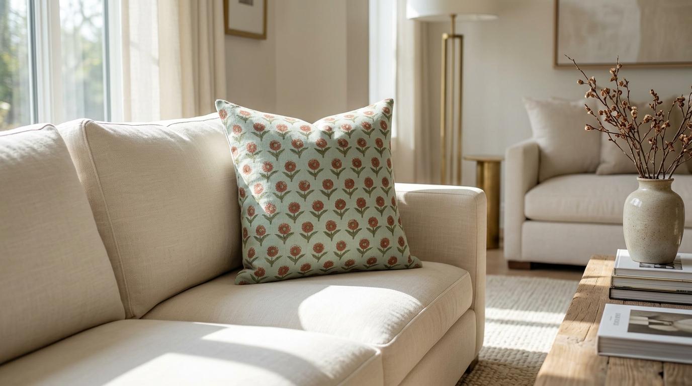 Sage green block print linen pillow cover fabric texture close-up