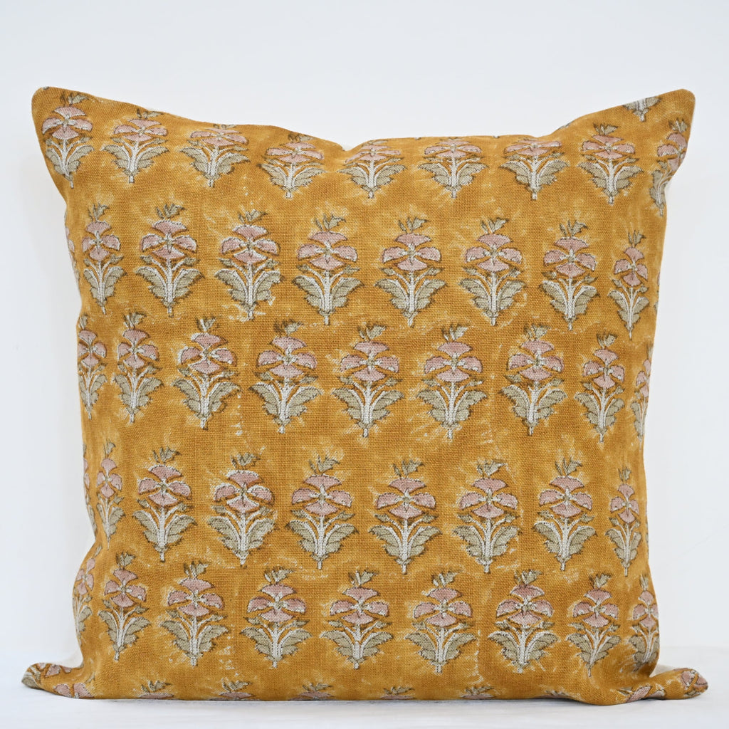 Ariana Mustard Linen Block Print Pillow Cover