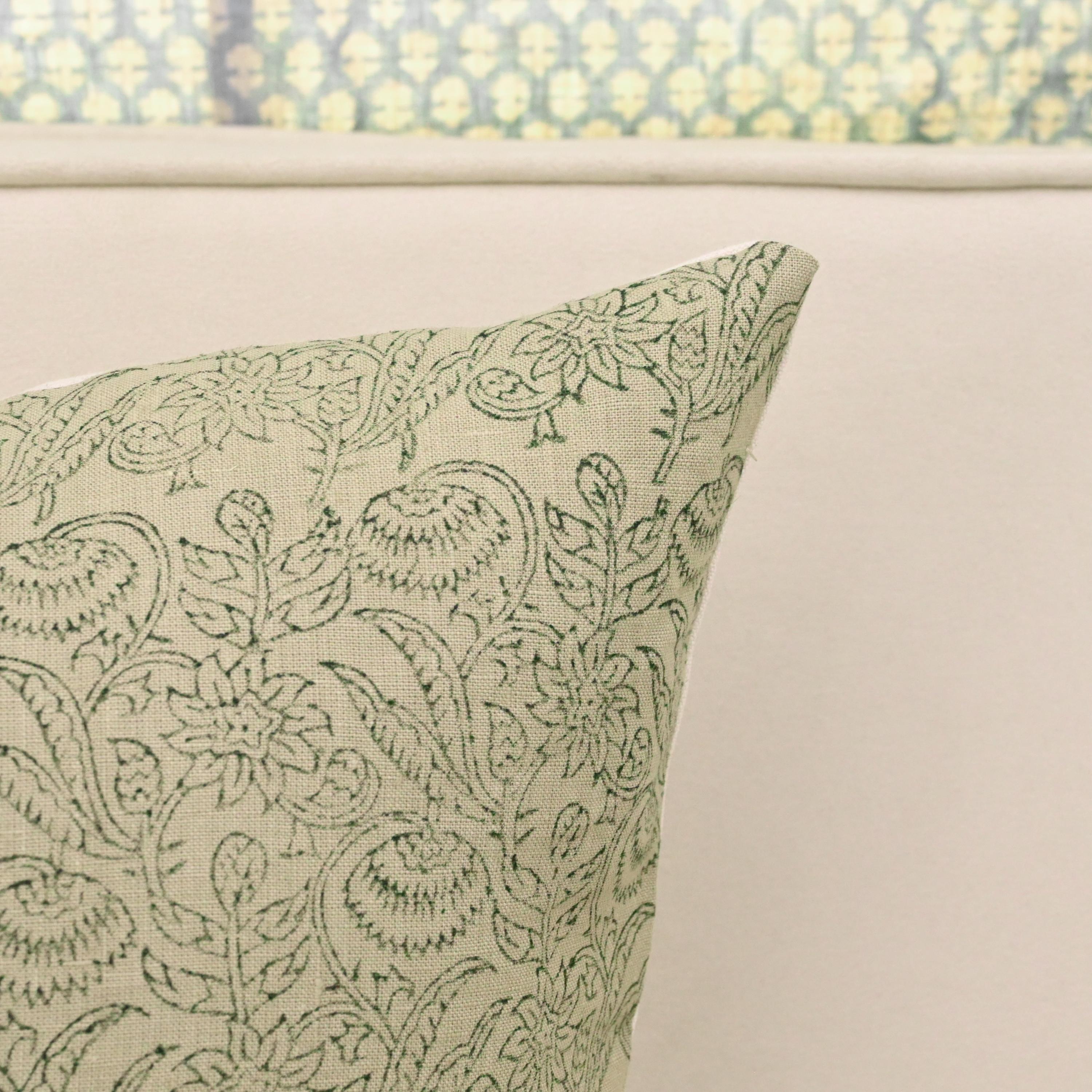Sage Chintz Vine Linen Pillow Cover